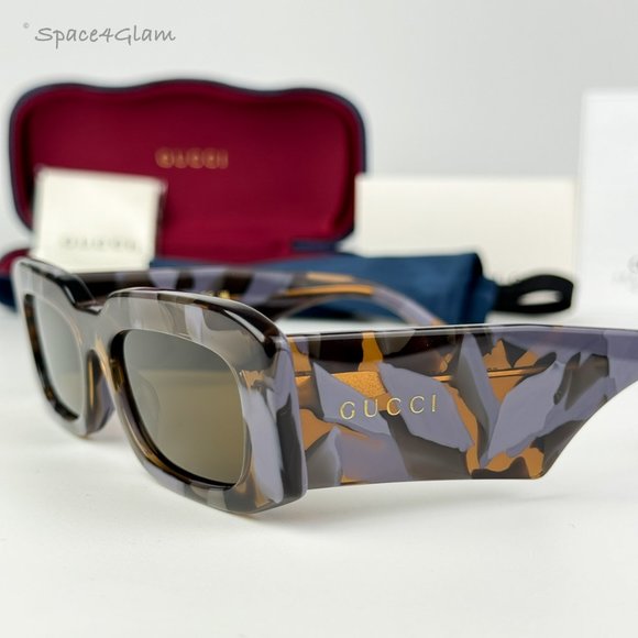 Gucci Women Sunglasses Spotted Lilac Havana Brown Rectangle GG1426S 003 NEW